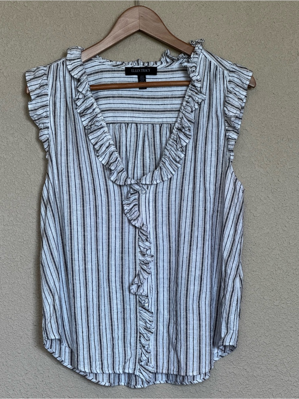 Ellen Tracy Striped Ruffle Linen Mix V-Neck Sleeveless Blouse Size M